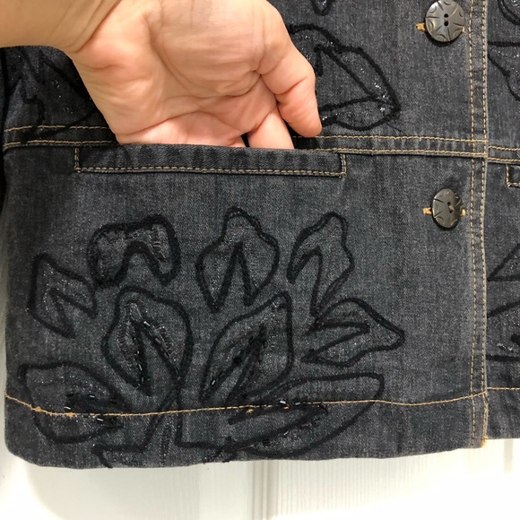 Coldwater Creek Cotton Embroidered Beaded Buttoned Pockets Black Denim Jacket MP - Picture 4 of 13